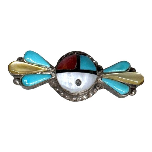 Vintage Zuni Inlay Signed Sunface Turquoise Silver Brooch Pin Native American 1" - Picture 1 of 5